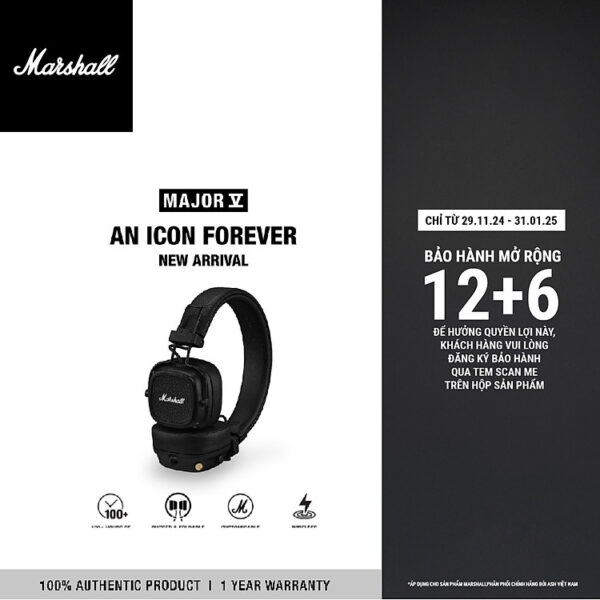 Mua [MÀU MỚI VỀ] Tai nghe Bluetooth Marshall Major V - Pin lên đến 100 giờ - Hàng chính hãng - black tại Marshall Official Store