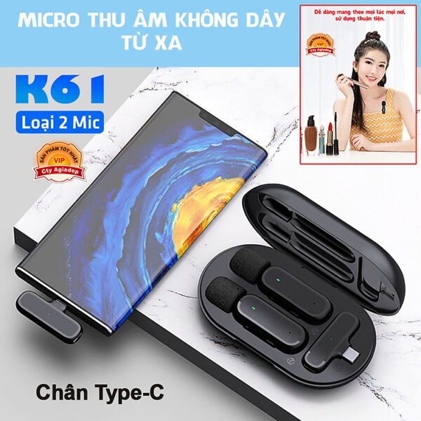 Mua Mic thu âm livestream video K61 Micro thu âm không dây cài áo, cầm tay,khử tiếng ồn tối đa khoảng cách thu âm 20m-Hàng chính hãng - TpyeC tại Agiadep Brand