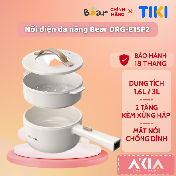 Mua Nồi điện đa năng Bear 1.6L / 3L DRG-P16M2 - 2 tầng kèm xửng hấp, chống dính, 2 mức nhiệt độ - Hàng chính hãng - NỒI 1.6L - NẮP NÚM tại IMOU Store